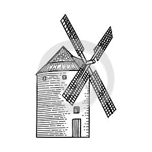 Wind mill, windmill hand drawn sketch vector engraved illustration. Ethcing medieval building emblem, logo, banner, badge for