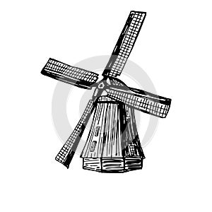 Wind mill, windmill hand drawn sketch vector engraved illustration. Old building emblem, logo, banner, badge for poster