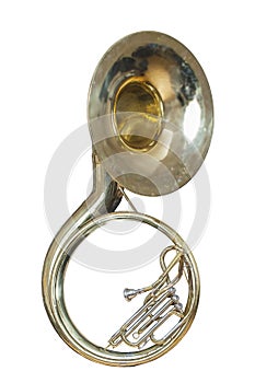 Wind musical instrument by a sousaphone isolated on white background