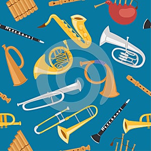 Wind musical instrument with truphet, flute, saxsaphone and hornpipe seamless pattern vector illustration. photo