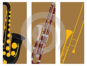Wind musical instruments cards tools acoustic musician equipment orchestra vector illustration photo