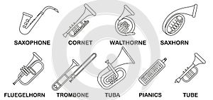 Wind musical instruments with the name in a thin line. Set of wind musical instruments