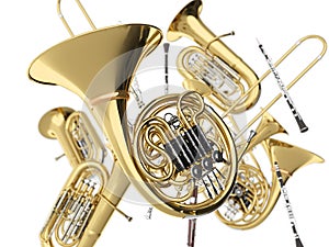 Wind musical instruments on white