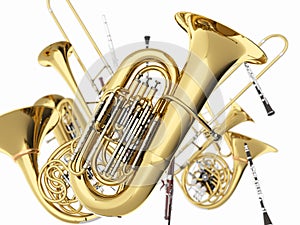 Wind musical instruments on white photo
