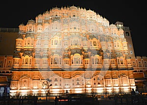 Wind palace Hawa Mahal night scene, Jaipur, India