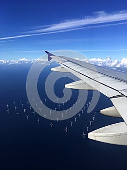 Wind park in the sound between Denmark and Sweden seen from plane