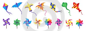 Wind pinwheel toys, colorful windmill toy cartoon design. Children paper kites, color wheel funny kids elements. Summer