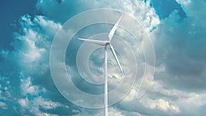 Wind power generators on sky background.