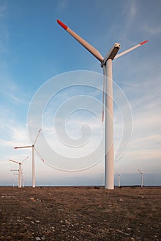 Wind power generators at a windmill farm in a plowed field and a blue sky background.