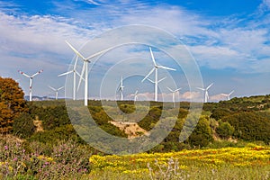 Wind power park near the city of Portoscuso on the island of Sardinia