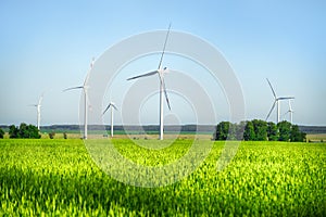 Wind power plant in the bright green field