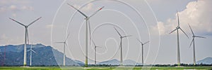 Wind power plant. green meadow with Wind turbines generating electricity BANNER, LONG FORMAT