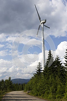 Wind power Plant in the Mountain Jesenik, Moravia, very green and clear Nature with cleanest Air in central Europe, Czech Republic