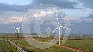 Wind power plant, windmills, beautiful sky, aerial view