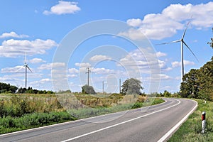 Wind power plants and road perspective in Alibunar, Serbia