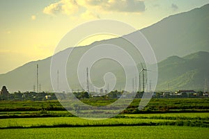 Wind power pylons are being built on the rice fields of Phan Rang Ninh Thuan