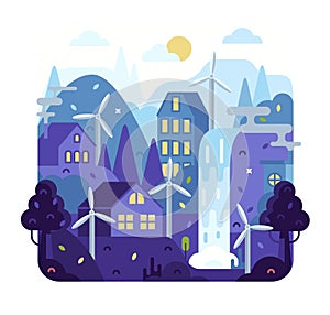 Wind power station background - vector illustration in flat cartoon style. Concept of eco village houses, light in the