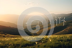 wind power station on beautiful green hills, earth day, summer sunlight, Generative AI