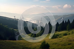 wind power station and beautiful green hills with forest, earth day, TUNGSTEN LIGHT, Generative AI