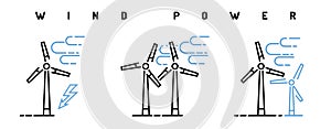 Wind power station icons set. Editable vector illustration