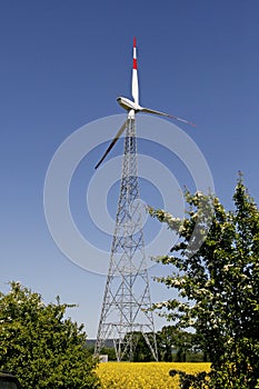 Wind power station with field in spring
