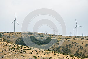 Wind power station. Wind turbines on wind farm in Mostar, Bosnia and Herzegovina. Green energy, decarbonization