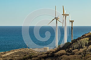 Wind power stations. A row of turbines near the seashore. Wind farm eco field. Eolic park with blue sky in background. Green,