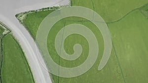 Wind power turbine on ecology energy station aerial landscape. Wind turbine on green grass field drone view. Modern
