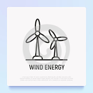 Wind power: two windmills thin line icon. Modern vector illustration of rotational energy