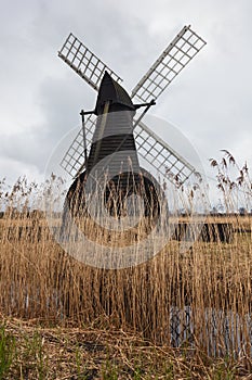 Wind pump in landscape with reed beds at Wicken Fen, Cambridgeshire, England