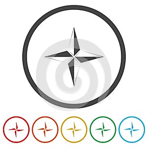 Wind rose compass icon. Set icons in color circle buttons