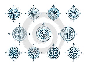 Wind rose compass icons. Cartography elements, vintage navigation. Marine signs, east north nautical pointer. Discovery