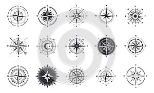 Wind rose. Compass signs. Nautical instruments for north orientation. Black and white contour cartographic symbols