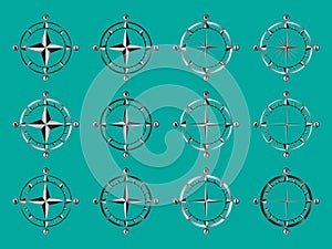 Wind rose. Compass signs. Nautical instruments for north orientation. Black and white contour cartographic symbols. Silhouettes of photo