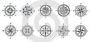 Wind rose compass. Vintage marine compasses, nautical sailing navigation travel signs, retro arrows pointer vector