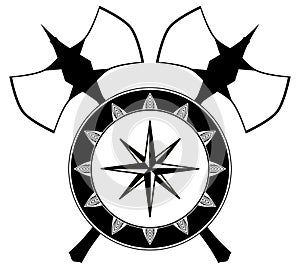 Wind rose with double axes, black and white, fantasy, isolated.