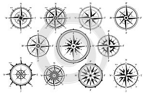 Wind rose. Map directions vintage compass. Ancient marine wind measure vector icons isolated photo