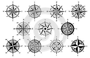 Wind rose. Marine wind roses, compass nautical navigation sailing symbols, geographic map antique vintage elements and