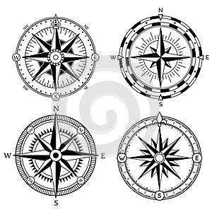 Wind rose retro design vector collection. Vintage nautical or marine wind rose and compass icons set, for travel