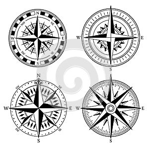 Wind rose retro design vector collection. Vintage nautical or marine wind rose and compass icons set, for travel