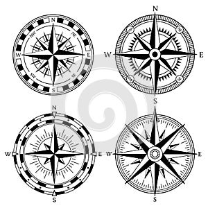 Wind rose retro design vector collection. Vintage nautical or marine wind rose and compass icons set, for travel