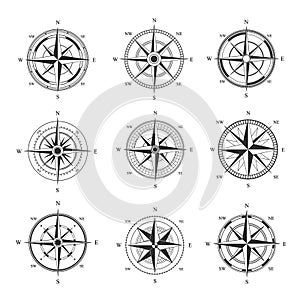 Wind rose set. Monochrome cartography symbol with orientation parts of world nautical vintage star for mariners latitude