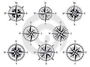 Wind rose. Vintage compass with north, south and west, east pointers. Cartography marine retro map sign or tattoo design