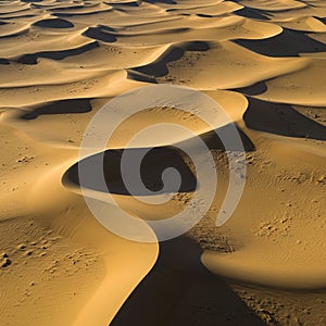 Wind-sculpted sand dunes create an undulating pattern, casting deep shadows across