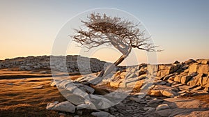 Wind sculpted tree on hillside epitomizing the essence of untamed nature and wilderness