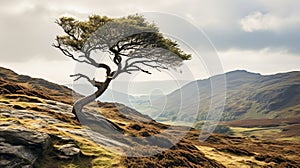 Wind sculpted tree on rugged hillside embodies untamed beauty, epitomizing wild nature