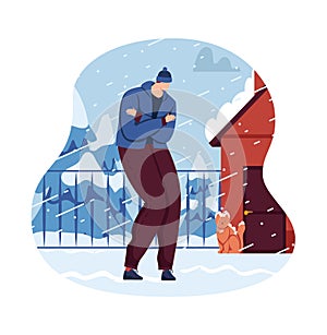 Wind snow man, frost concept, winter cold man walking, time outdoors, weather concept, design, cartoon style vector