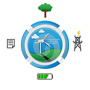 Wind source is new Renewable energy electrical source of power in the future. Graphic of alternative power technoligy , battery