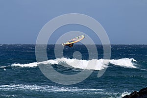 Wind surfing on the island\'s coast in the area of Costa Teguise