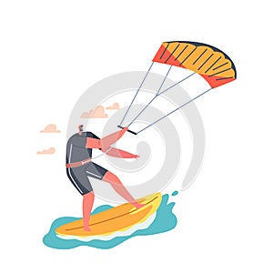 Wind Surfing Recreation in Ocean. Young Man Surfer Character in Swim Wear Riding Sea Wave on Board with Parachute